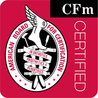 CFm Certification. Red background with a white winged foot and prosthetic symbolism.